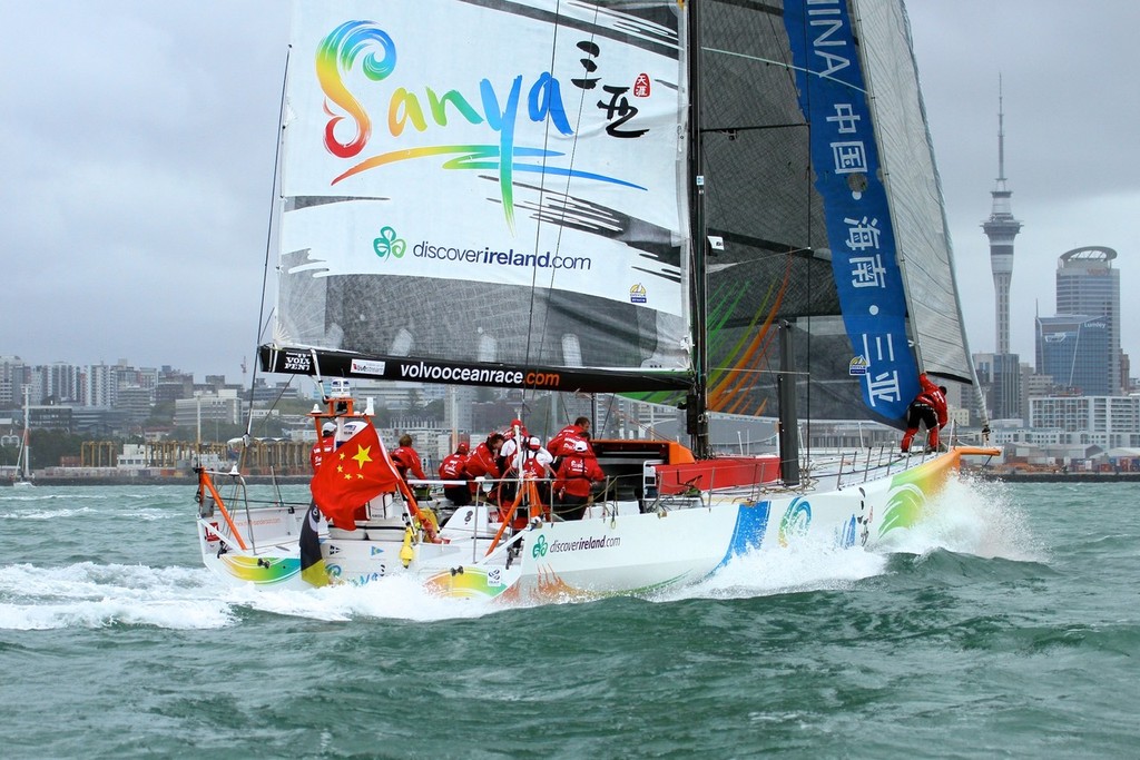 Team Sanya is first around and head down the harbour to the next turning mark - Volvo Ocean Race Auckland - Start March 18,2012 © Richard Gladwell www.photosport.co.nz